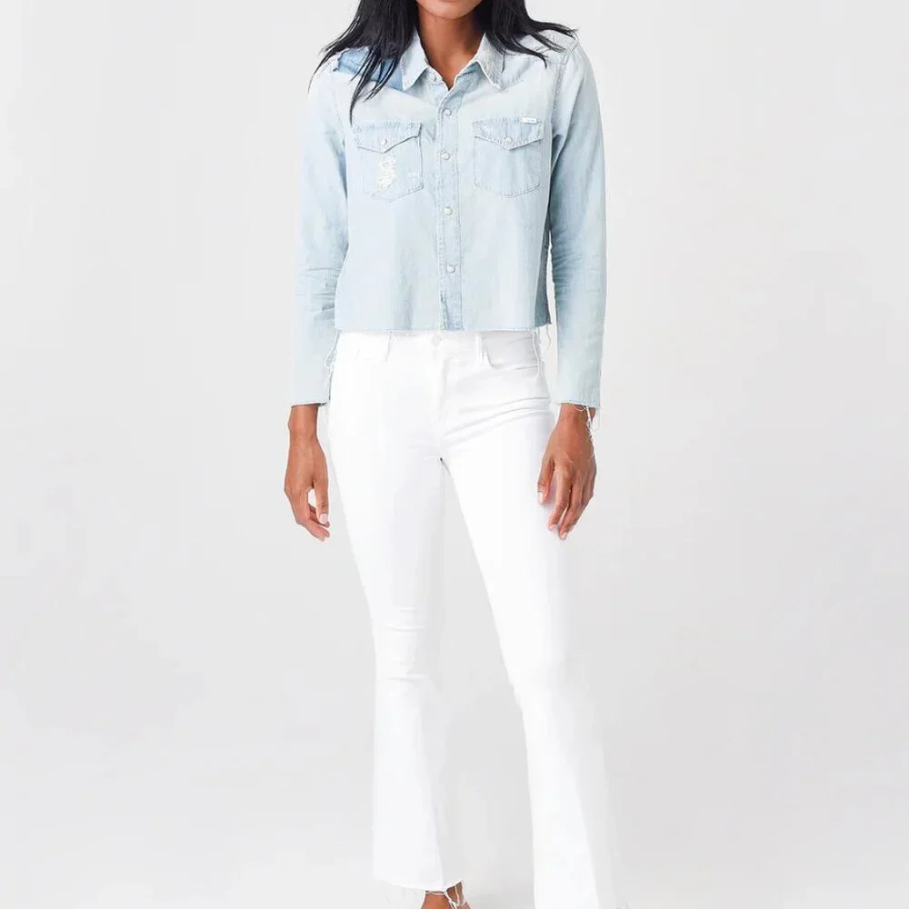 MOTHER Women's The Super Ex's Crop Fray Button-Up Shirt Jacket - Picture 2 of 5
